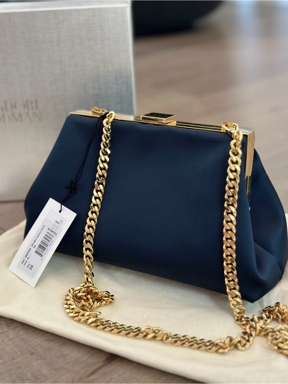 Mansur Gavriel Navy Satin Shoulder Bag with Gold Chain